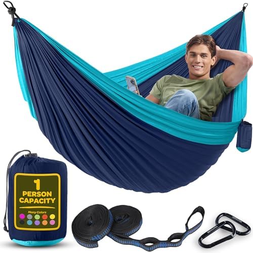 Durable Hammock 400 lb Capacity, Nylon Camping Hammock Chair - Double or Single Sizes w/Tree Straps and Attached Carry Bag - Portable for Travel/Backpacking/Beach/Backyard (Medium, Blue & Light Blue) - Image 2