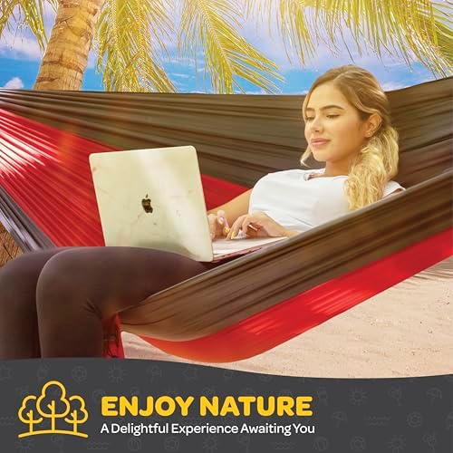 Durable Hammock 400 lb Capacity, Nylon Camping Hammock Chair - Double or Single Sizes w/Tree Straps and Attached Carry Bag - Portable for Travel/Backpacking/Beach/Backyard (Medium, Blue & Light Blue) - Image 6