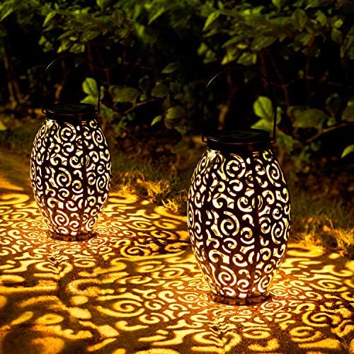 Solar Lanterns Outdoor Waterproof, 2 Pack Solar Garden Lanterns, LED Hanging Lanterns Solar Powered with Handle, Garden Decorative Retro Metal Solar Light for Table Pathway Walkway, Gardening Gifts